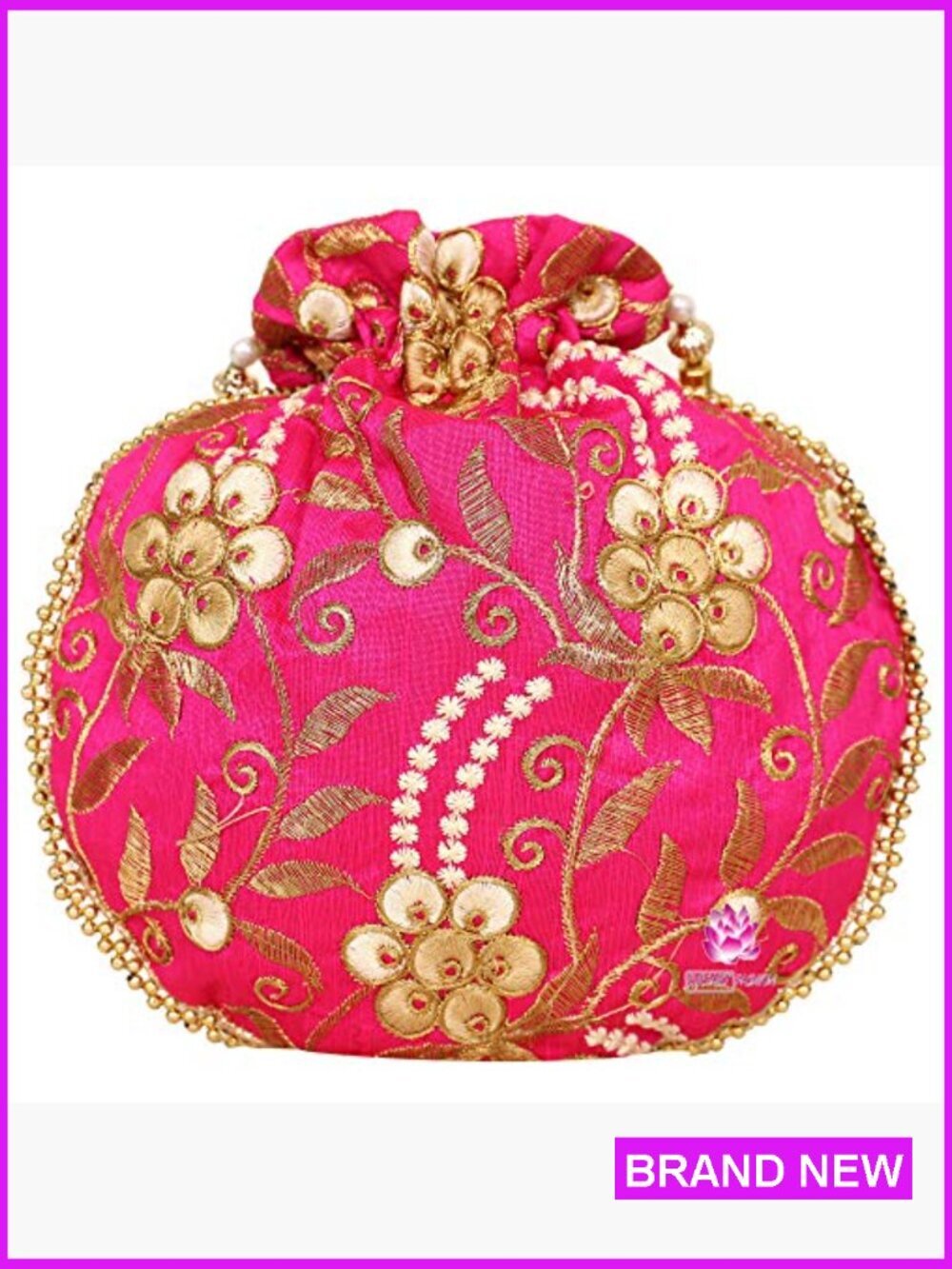 Ethnic Potli Bag Pearl Handle Floral Clutch Drawstring Closure Wristlet - Picture 3 of 7